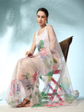 White Digital Printed Organza Saree With Satin White Blouse Piece