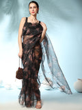 Black Digital Printed Organza Saree With Satin Black Blouse Piece