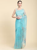 Sky Blue Digital Printed Organza Saree With Satin Sky blue Blouse Piece