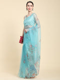 Sky Blue Digital Printed Organza Saree With Satin Sky blue Blouse Piece