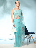 Sky Blue Digital Printed Organza Saree With Satin Sky blue Blouse Piece