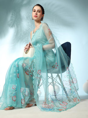 Sky Blue Digital Printed Organza Saree With Satin Sky blue Blouse Piece