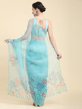 Sky Blue Digital Printed Organza Saree With Satin Sky blue Blouse Piece