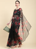 Black Digital Printed Organza Saree With Satin Black Blouse Piece