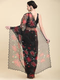 Black Digital Printed Organza Saree With Satin Black Blouse Piece