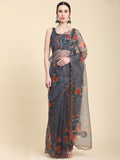 Grey Digital Printed Organza Saree With Satin Black Blouse Piece