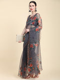 Grey Digital Printed Organza Saree With Satin Black Blouse Piece