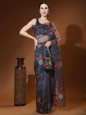 Grey Digital Printed Organza Saree With Satin Black Blouse Piece