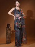 Grey Digital Printed Organza Saree With Satin Black Blouse Piece