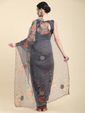 Grey Digital Printed Organza Saree With Satin Black Blouse Piece