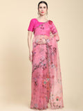 Pink Digital Printed Organza Saree With Satin Pink Blouse Piece