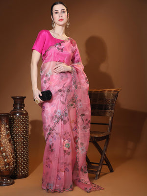 Pink Digital Printed Organza Saree With Satin Pink Blouse Piece