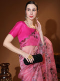 Pink Digital Printed Organza Saree With Satin Pink Blouse Piece