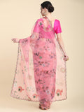 Pink Digital Printed Organza Saree With Satin Pink Blouse Piece