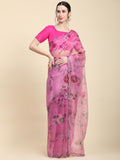 Pink Digital Printed Organza Saree With Satin Pink Blouse Piece