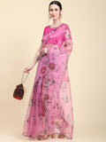 Pink Digital Printed Organza Saree With Satin Pink Blouse Piece