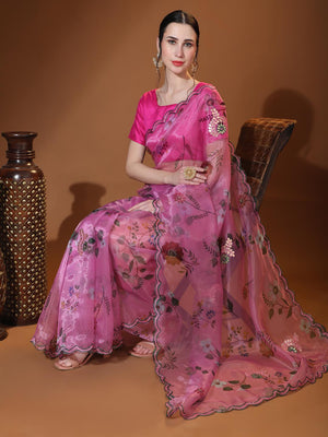 Pink Digital Printed Organza Saree With Satin Pink Blouse Piece