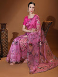 Pink Digital Printed Organza Saree With Satin Pink Blouse Piece