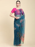 Teal Blue Digital Printed Organza Saree With Satin Pink Blouse Piece