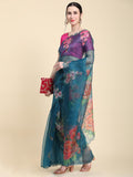 Teal Blue Digital Printed Organza Saree With Satin Pink Blouse Piece