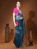 Teal Blue Digital Printed Organza Saree With Satin Pink Blouse Piece