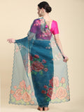 Teal Blue Digital Printed Organza Saree With Satin Pink Blouse Piece