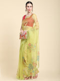 Yellow Digital Printed Organza Saree With Satin Red Blouse Piece