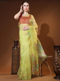 Yellow Digital Printed Organza Saree With Satin Red Blouse Piece