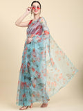 Sky Blue Digital Printed Organza Saree With Satin Maroon Blouse Piece