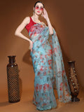 Sky Blue Digital Printed Organza Saree With Satin Maroon Blouse Piece