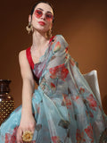 Sky Blue Digital Printed Organza Saree With Satin Maroon Blouse Piece