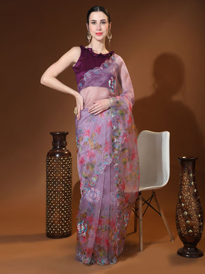 Purple Digital Printed Organza Saree With Satin Burgundy Blouse Piece