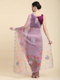 Purple Digital Printed Organza Saree With Satin Burgundy Blouse Piece