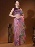 Onion Pink Digital Printed Organza Saree With Satin Burgundy Blouse Piece