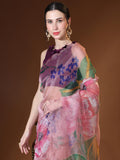 Onion Pink Digital Printed Organza Saree With Satin Burgundy Blouse Piece