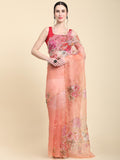 Orange Digital Printed Organza Saree With Satin Red Blouse Piece