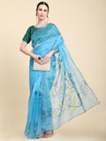 Blue Digital Printed Organza Saree With Satin Green Blouse Piece