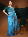 Blue Digital Printed Organza Saree With Satin Green Blouse Piece