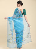 Blue Digital Printed Organza Saree With Satin Green Blouse Piece