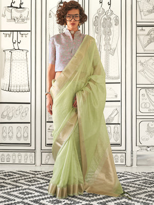 Green Party Wear Chiffon Saree With Blouse Piece