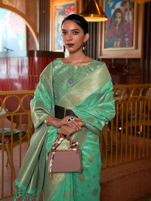 Green Tussar Silk Saree With Blouse Piece