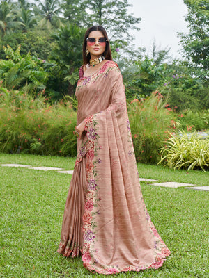 Pink Silk Blend Festive Saree With Blouse Piece