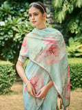 Firozi Poly Chiffon Daily Wear Saree With Blouse Piece