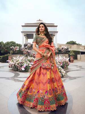 Multicolor & Green Banarasi Silk Lehenga Choli