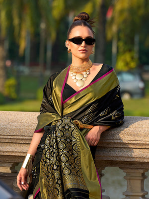 Black Banarasi Silk Saree With Blouse Piece