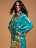 Teal Blue Georgette Nylon Saree With Blouse Piece