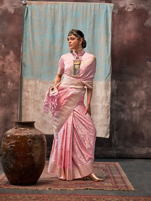 Baby Pink Satin Saree With Blouse Piece