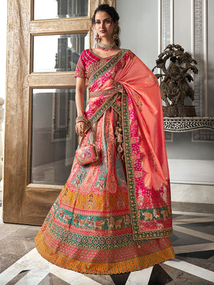 Multicolor & Pink Banarasi Silk Semi Stitched Lehenga