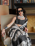 Black & White Printed Satin Saree With Blouse Piece