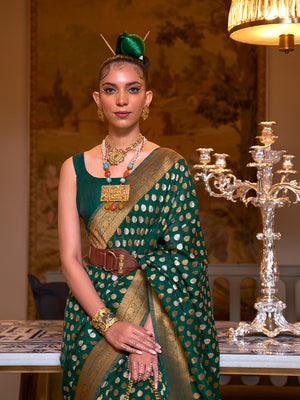 Green Khadi Copper Zari Saree With Blouse Piece